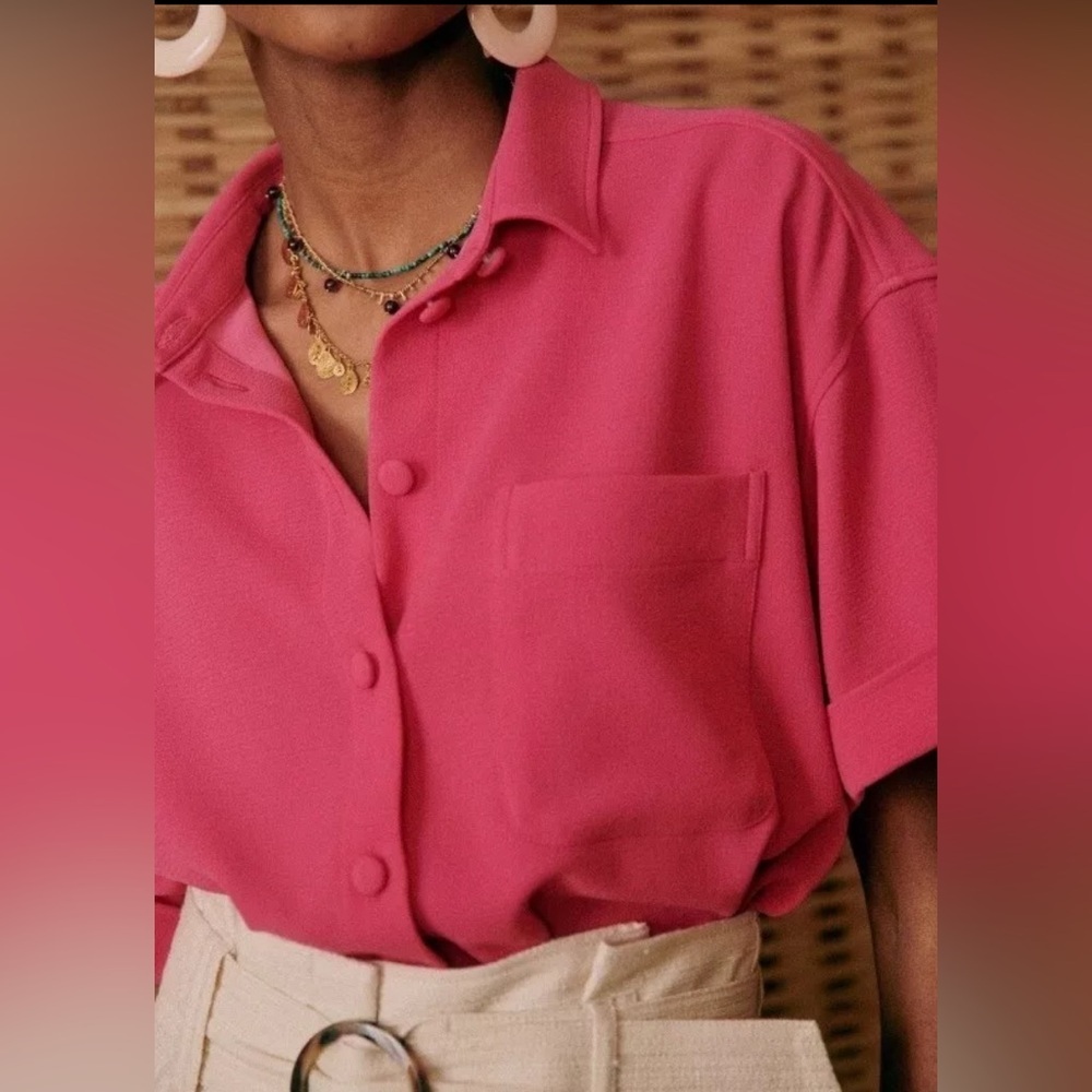 Sezane Bright Pink Short-Sleeve Button Front Blouse